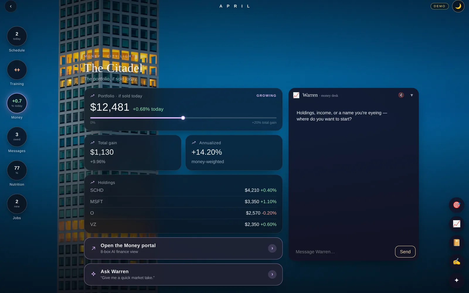 April's money panel in demo mode: portfolio value, gains, holdings, and a chat with the money-desk agent
