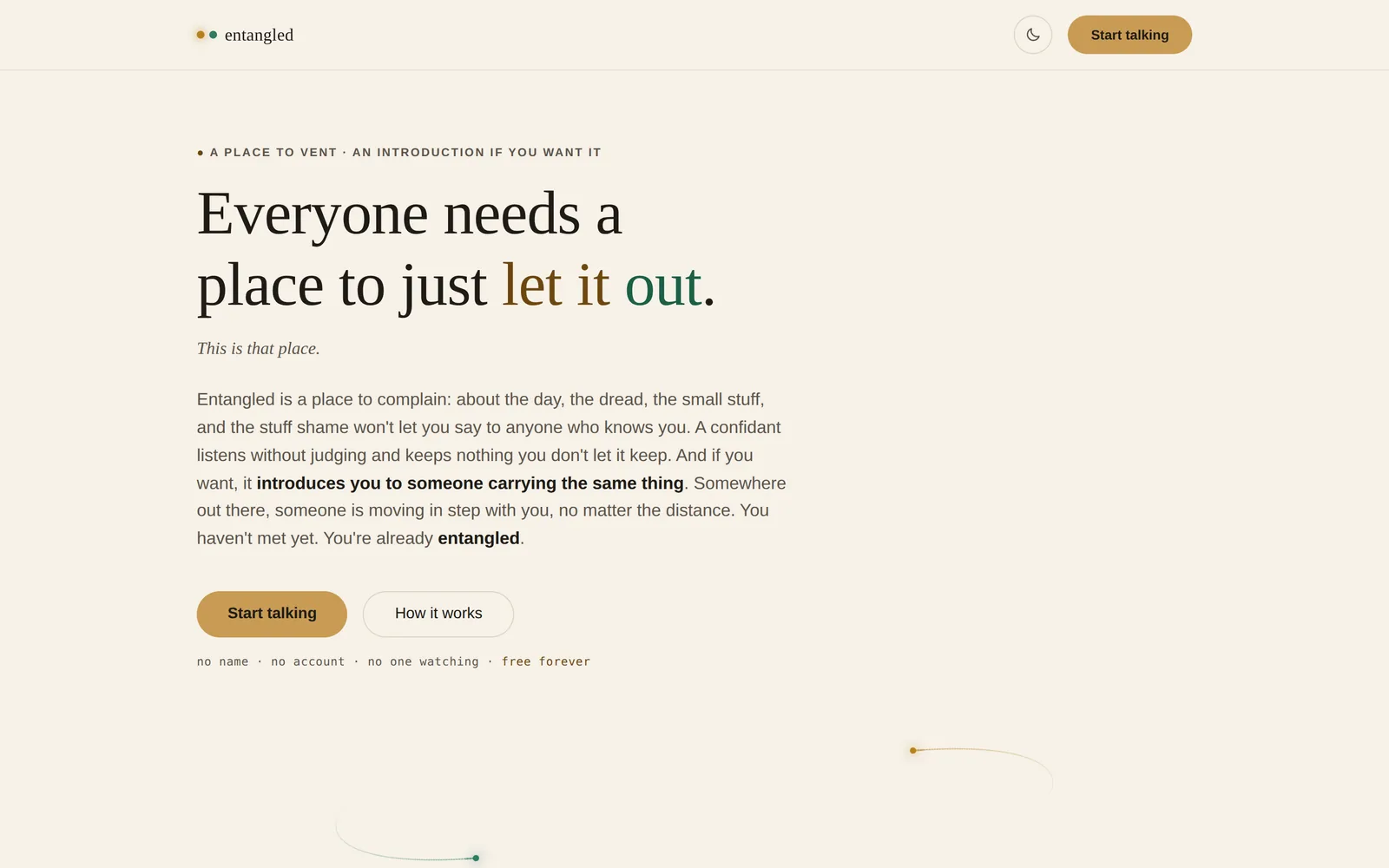 Entangled landing page: Everyone needs a place to just let it out. No name, no account, no one watching, free forever