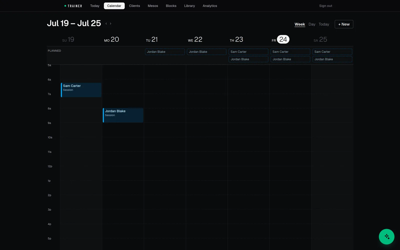 Week calendar with planned and scheduled client sessions (names anonymized)