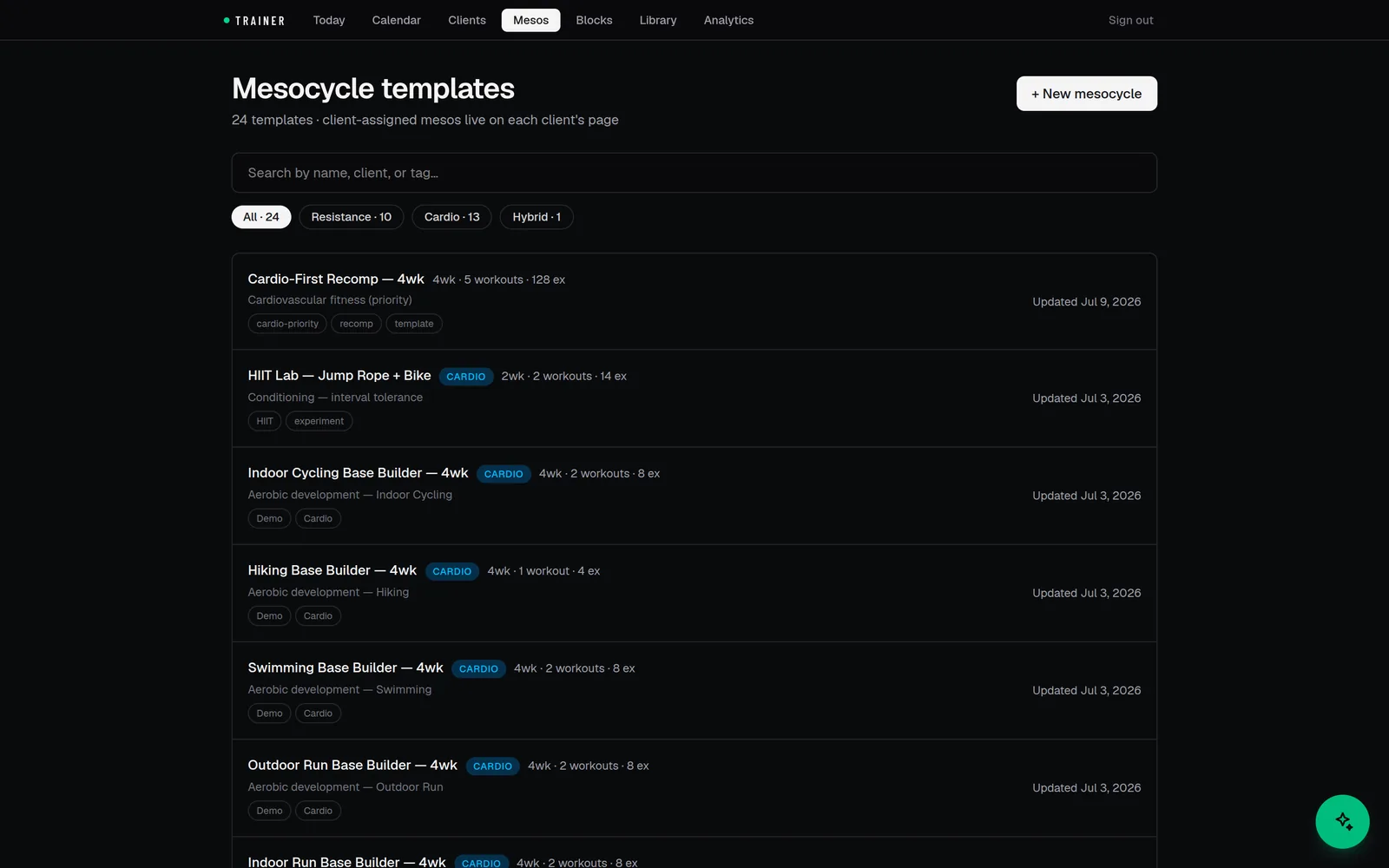Mesocycle template library: 24 reusable training blocks filterable by resistance, cardio, and hybrid
